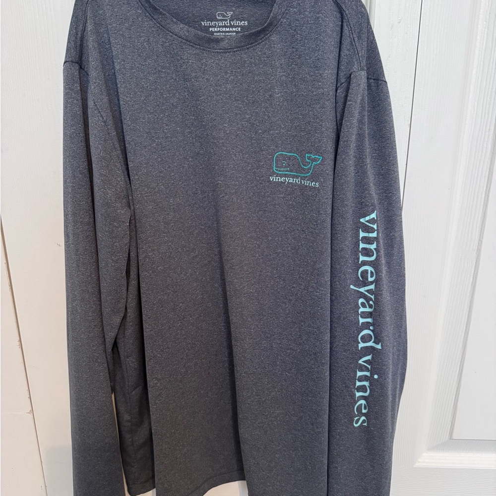 Vineyard Vines Performance Long Sleeve Tee - Charcoal with Teal Logo